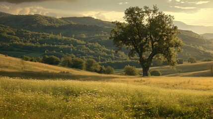 Obraz premium landscape forest with mountains and fog. grass field wallpaper. landscape forest with fog wallpaper. landscape mountains with fog wallpaper. forest with fog background. Fantasy landscape forest.