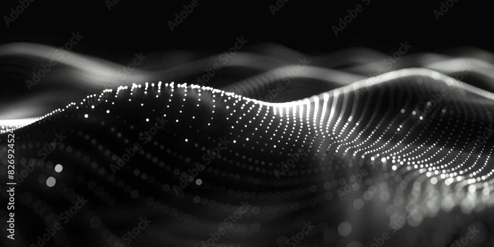 Poster black background with white lines wave dots representing digital binary data. concept for big data, 