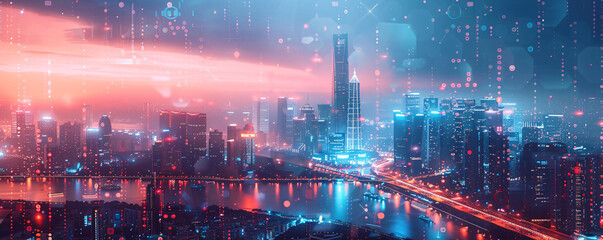 A futuristic city skyline with digital connectivity overlays, representing urban digital transformation, with space for text.