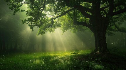 Obraz premium landscape forest with mountains and fog. grass field wallpaper. landscape forest with fog wallpaper. landscape mountains with fog wallpaper. forest with fog background. Fantasy landscape forest.