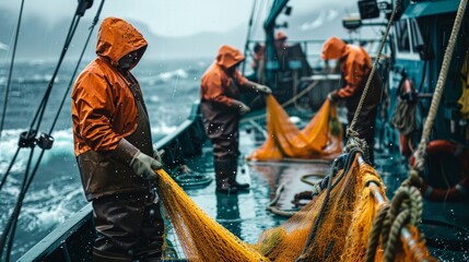 Fishing Industry: Capture the daily operations of a commercial fishing vessel with fishermen hauling in nets, sorting the catch, and preparing for the next voyage. 