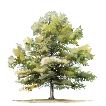 Create a watercolor painting of a large tree with a thick trunk and full green leaves. The tree should be in the center of the image with a white background.