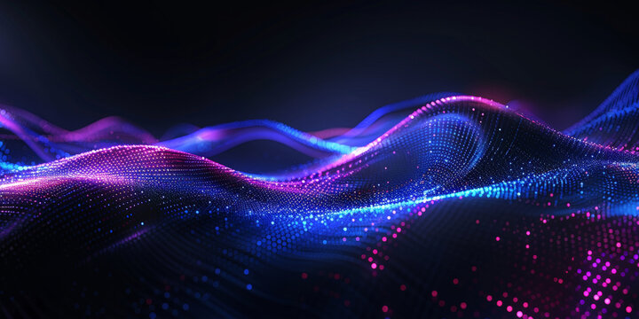 3d dark purple  blue neon lines wave dots representing digital binary data. Concept for big data, deep machine learning, artificial intelligence, business technology ,futuristic. banner	

