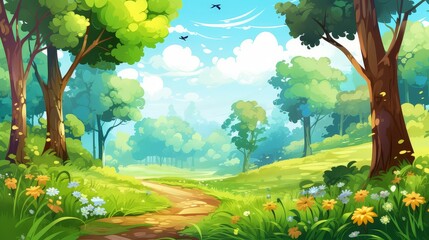 Whimsical forest scene in chibi style with vivid colors and cartoony details.