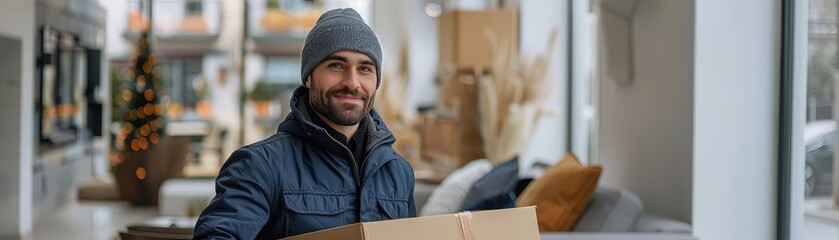 Obraz premium A delivery driver carrying a branded box containing a furniture item, with professional appearance and clean, modern background