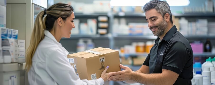 A delivery driver handing over a box of pharmaceuticals to a healthcare worker at a clinic, with clear branding and a professional, clean setting