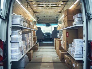 A delivery van filled with medical supplies packages, emphasizing the reliability and professionalism of the service with high detail and clean composition