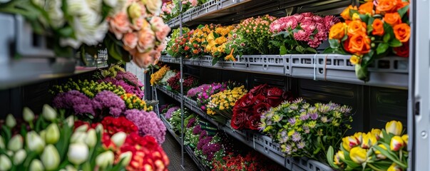 A delivery van filled with flower arrangements, emphasizing the variety and appeal with clean, professional branding and bright, vibrant colors