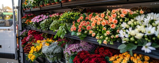 A delivery van filled with flower arrangements, emphasizing the variety and appeal with clean, professional branding and bright, vibrant colors