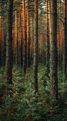 Obraz premium Realistic photography of coniferous forest. Abstract background of a northern forest