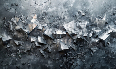Contemporary art background with abstract metallic shards on a matte grey canvas, Generate AI