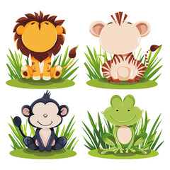 Obraz premium lion, tiger, monkey, and frog sitting in the grass