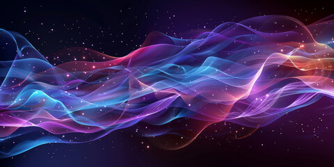 Obraz premium 3d dark purple blue neon lines wave dots representing digital binary data. Concept for big data, deep machine learning, artificial intelligence, business technology ,futuristic. banner 