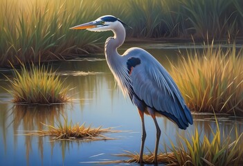 Oil painting a lone great blue heron in a marsh it