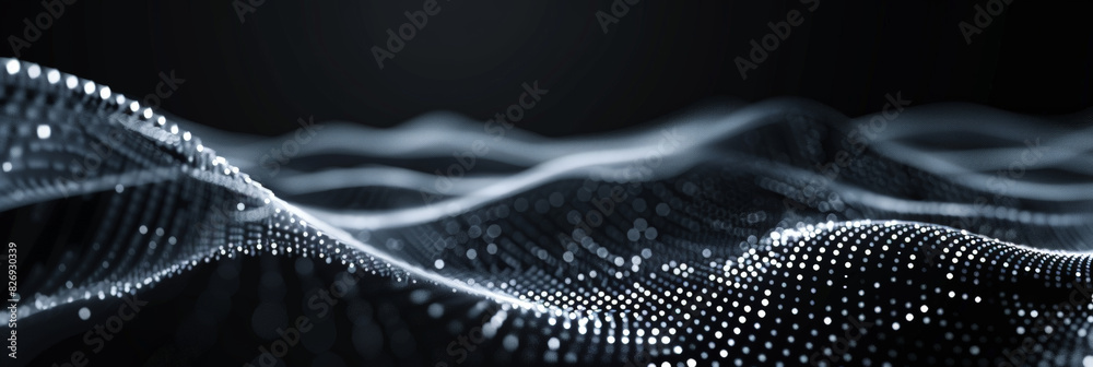Poster black background with white lines wave dots representing digital binary data. concept for big data, 