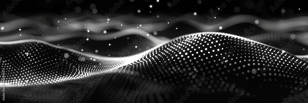 Poster black background with white lines wave dots representing digital binary data. concept for big data, 