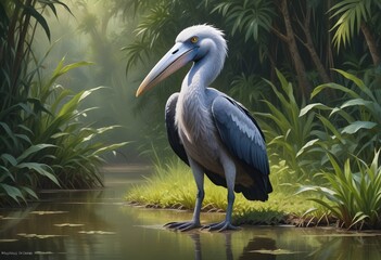 Oil painting a majestic shoebill stork standing in