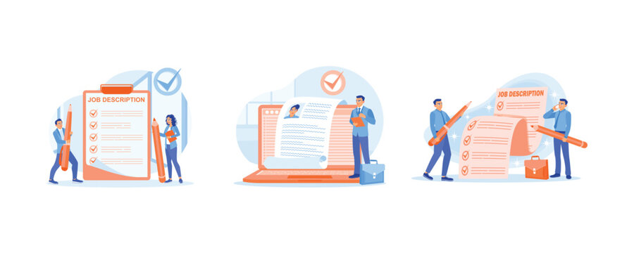 Candidates are looking for the right position. Job position with duties and responsibilities. Qualifications and requirements for office. Job Description concept. Set flat vector illustration.