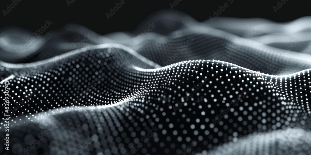 Poster black background with white lines wave dots representing digital binary data. concept for big data, 