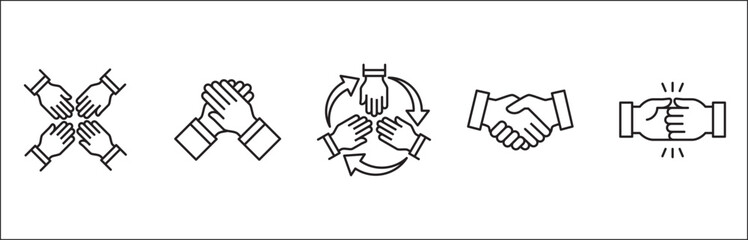 Teamwork icon. Cooperation hands icon set. Collaboration symbol. Business co-worker sign. Icons of brotherhood, relation, connection, partnership. Vector isolated illustration in line style design