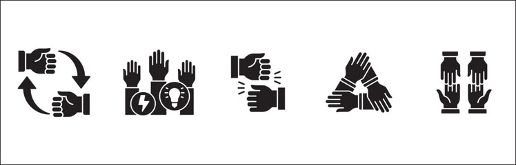 Teamwork icon. Cooperation hands icon set. Collaboration symbol. Business co-worker sign. Icons of brotherhood, relation, connection, partnership. Vector isolated illustration in flat solid design