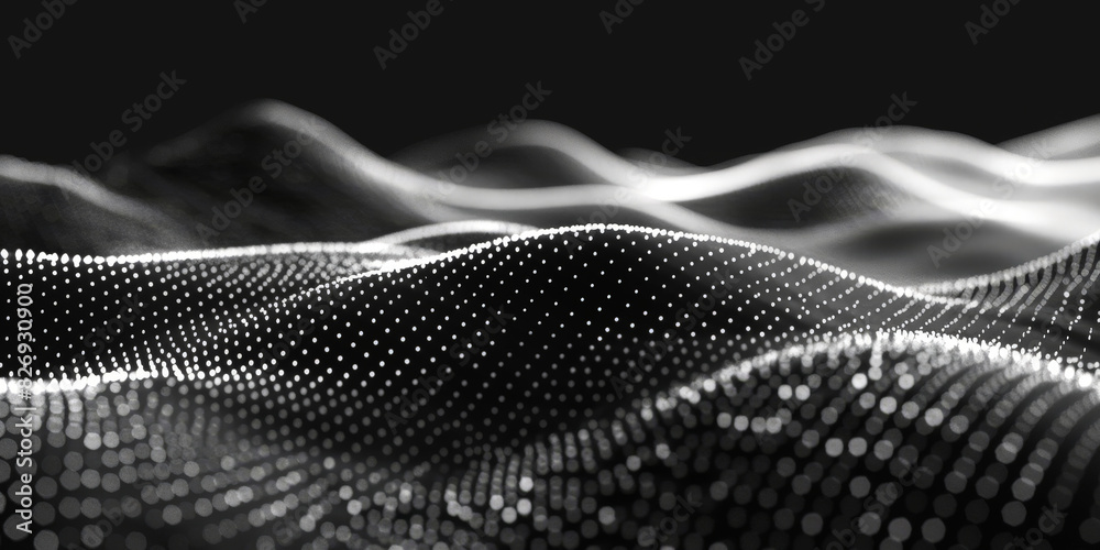 Poster black background with white lines wave dots representing digital binary data. concept for big data, 