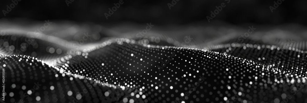 Poster black background with white lines wave dots representing digital binary data. concept for big data, 