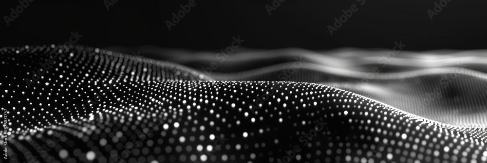 Poster black background with white lines wave dots representing digital binary data. concept for big data, 