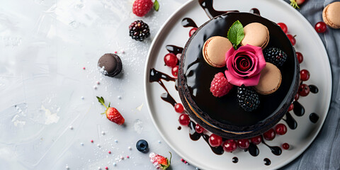 A chocolate cake with berries and macaroons on top, garnished with mint leaves cake is surrounded by strawberries,blueberries, raspberries, and blackberries background features pink roses on a grey su