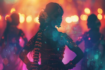 Elegantly dressed dancers in vibrant traditional attire performing under colorful lights and bokeh effects, creating a festive atmosphere.
