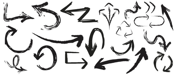grunge arrow . Set of black hand drawn grunge doodle spiral and curved charcoal, chalk arrows on white background. Scribble symbols of direction pointers, swirl arrow elements for infographic design.