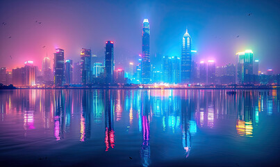 Create a night-time scene capturing the illuminated skyscrapers of Shenzhen, with their lights reflecting off the surrounding water, showcasing the vibrant city, Generate AI