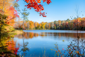 Serene Autumn Lake with Vibrant Foliage Reflections Under Clear Blue Sky