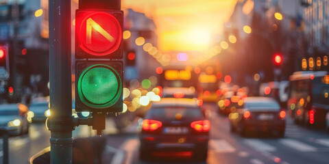 Urban traffic light with red and green signals against a cityscape background during sunset...
