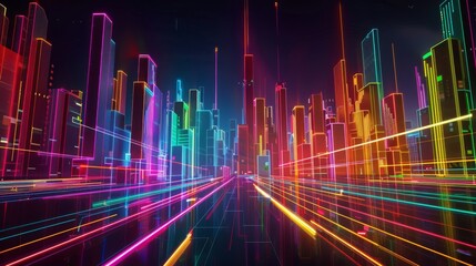 Slick, glossy black surfaces intersected by glowing, random red green yellow purple orange gold pink and blue neon lines, conveying a high-speed data network in motion.