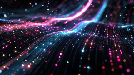 Fototapeta premium Slick, glossy black surfaces intersected by glowing, random red green yellow purple orange gold pink and blue neon lines, conveying a high-speed data network in motion.