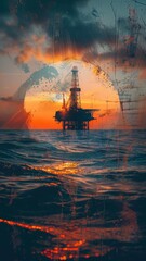 Offshore oil rig at sunset over the ocean with dramatic sky, representing energy production and industrial engineering.