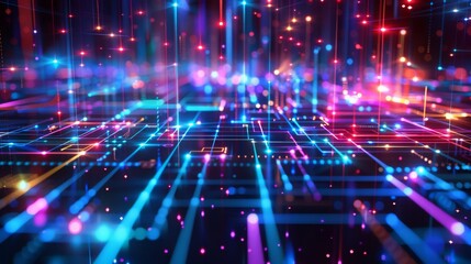 Fototapeta premium Slick, glossy black surfaces intersected by glowing, random red green yellow purple orange gold pink and blue neon lines, conveying a high-speed data network in motion.