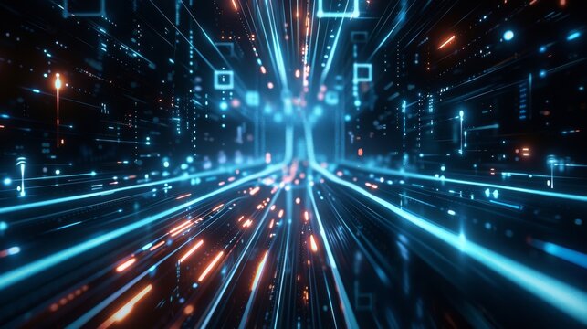 Slick, glossy black surfaces intersected by glowing, random red green yellow purple orange gold pink and blue neon lines, conveying a high-speed data network in motion.