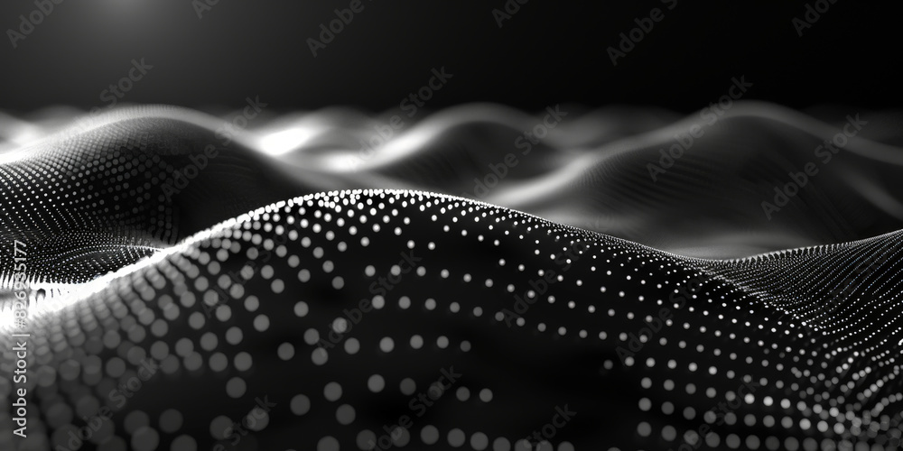 Poster black background with white lines wave dots representing digital binary data. concept for big data, 