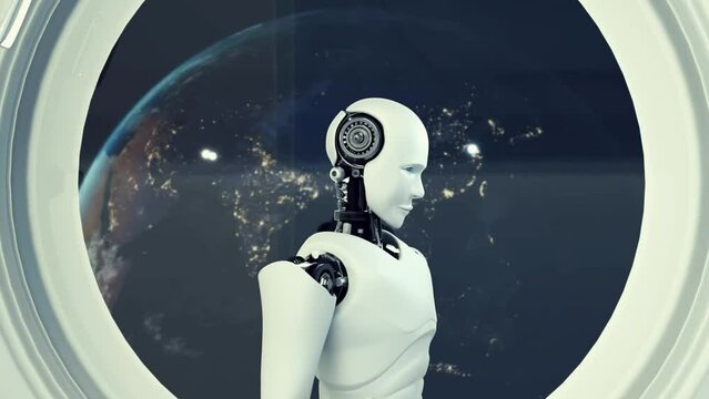 MLP Futuristic robot, artificial intelligence CGI inside spaceship in space universe overlooking planet earth outside the space shuttle window. Robotic man 3D render animation.