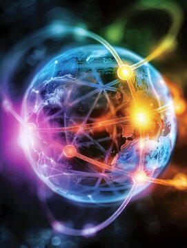 Neon globe in metaverse, eyelevel, pulsating energy lines, vibrant 3D cyber space, future world