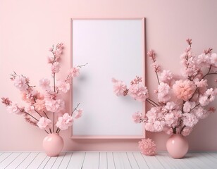 3D frame mockup with a mini studio table and pastel color flower pots