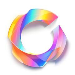 circle logo design with glowing faceted tridimensional shapes and iridescent gradient colors on a white background
