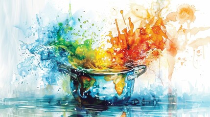A vivid watercolor illustration capturing a surreal scene of the globe being boiled in a large pot, symbolizing environmental stress and global changes, rendered in a unique and eye-catching style