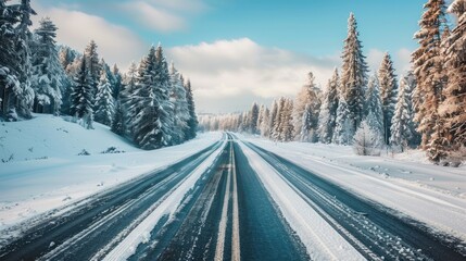 Obraz premium Scenic Winter Forest Road Blanketed in Snow