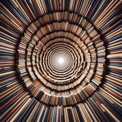A circular tunnel-like structure composed of numerous books with their spines facing outward creates a visually captivating pattern that draws the eye toward the center of the tunnel generated by ai