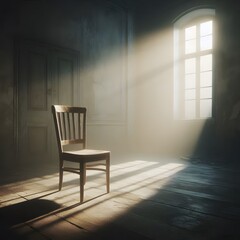 A solitary, weathered chair in the center of an abandoned room with light filtering through a window generated by ai