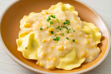 ravioli pasta with corn cheese sauce