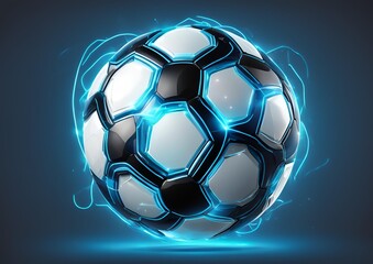 Naklejka premium Futuristic Soccer Ball with Blue Glowing Neon Lights on Transparent Background.